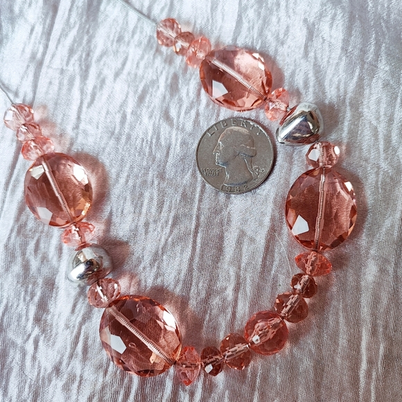 Oval and Round Faceted Salmon Color Glass Threaded Chain Silver Tone Necklace - Picture 5 of 9